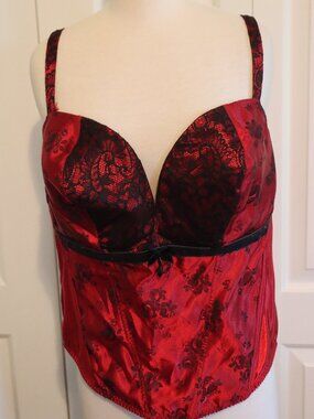 Cacique Lane Bryant Red Satin Black Lace Adjustable Strap Corset Top Size 26/28